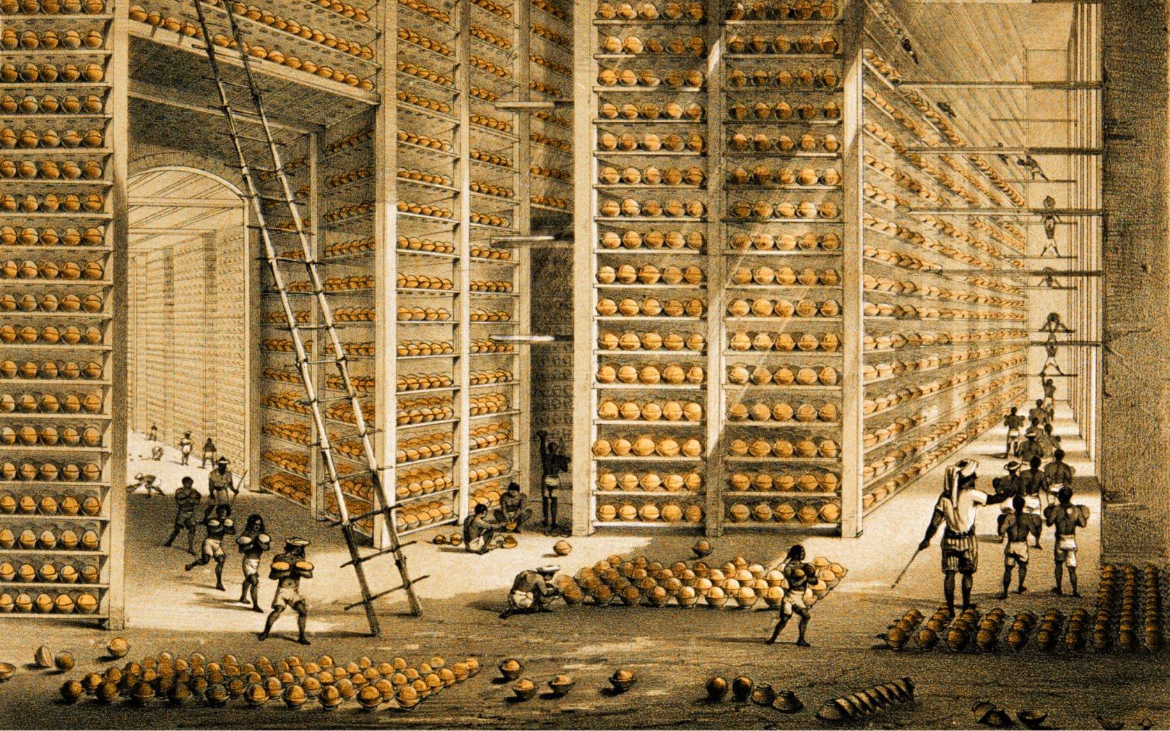 A busy stacking room in the opium factory at Patna, India.