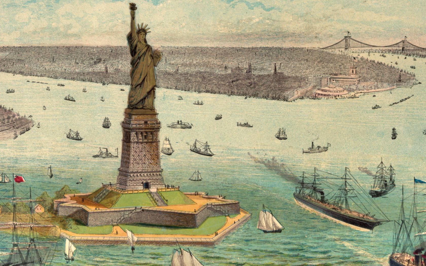 Vintage colour etching of the Statue of Liberty.