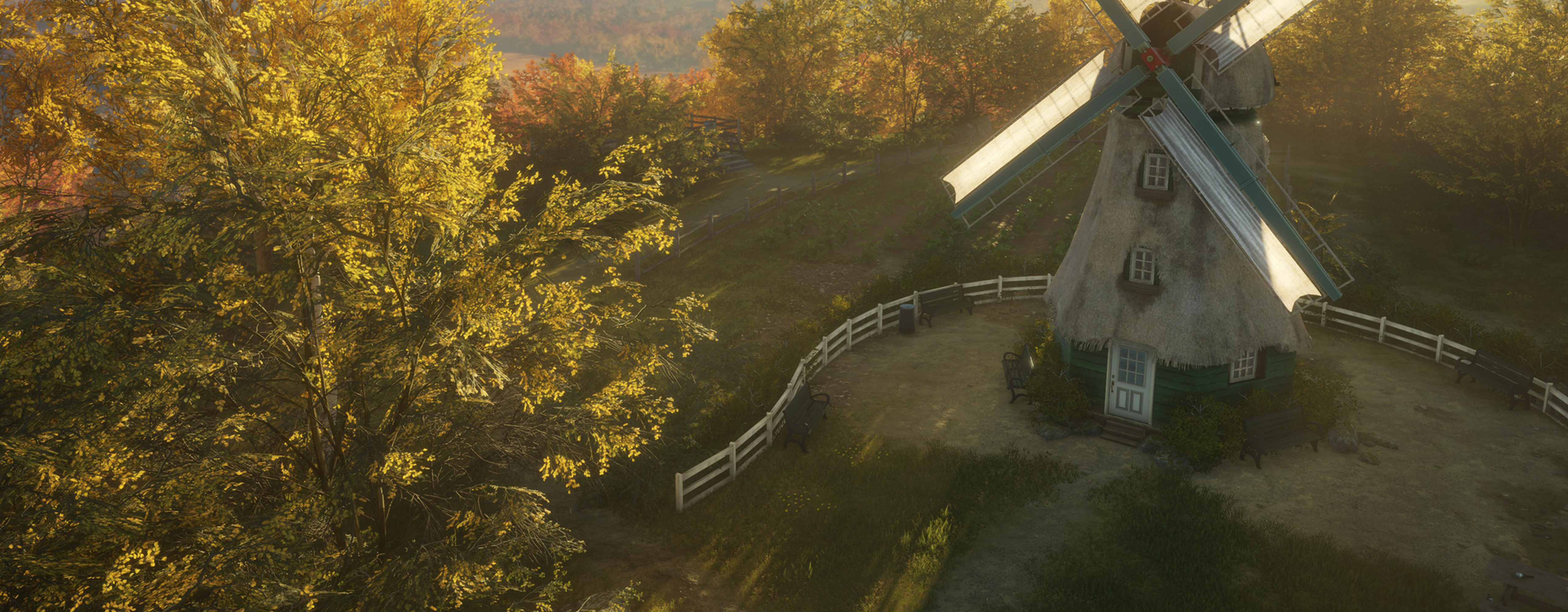 A scenic screenshot of a windmill on top of a hill in the Winter Update for theHunter Call of the Wild