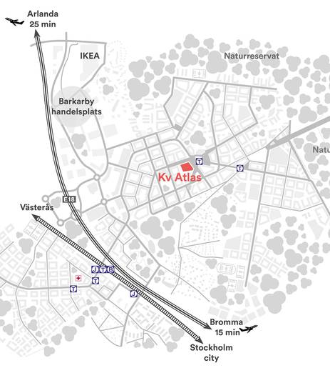 Atlas har en central plats i Barkarbystaden, granne med tunnelbanan som öppnar 2027