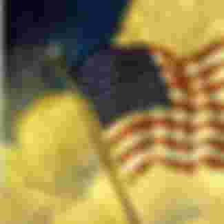 Poster showing the American flag waving among clouds.