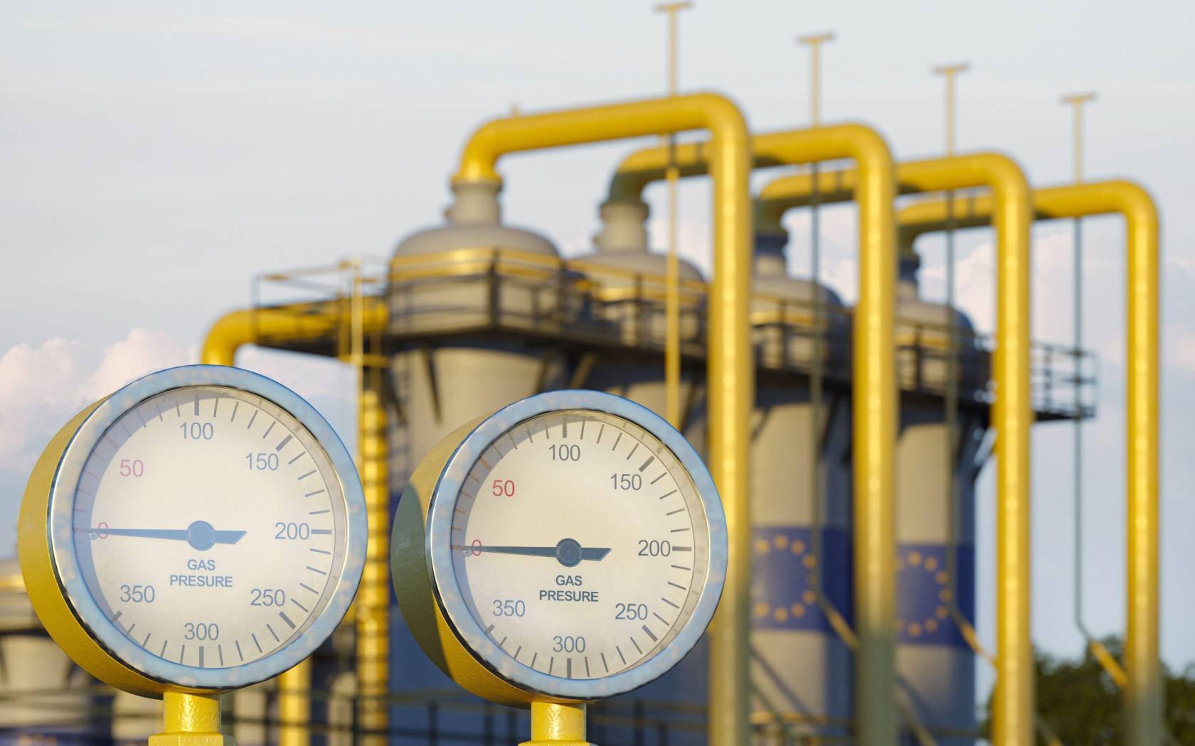 Pressure gauge shows zero gas consumption at a gas plant in Europe. Credit: Anton Zubchevskyi / Alamy Stock Photo.
