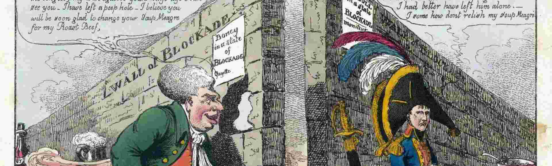 1806 satirical cartoon by James Gillray depicting John Bull and Napoleon Bonaparte separated by a wall labeled 'Island of Blockade'.