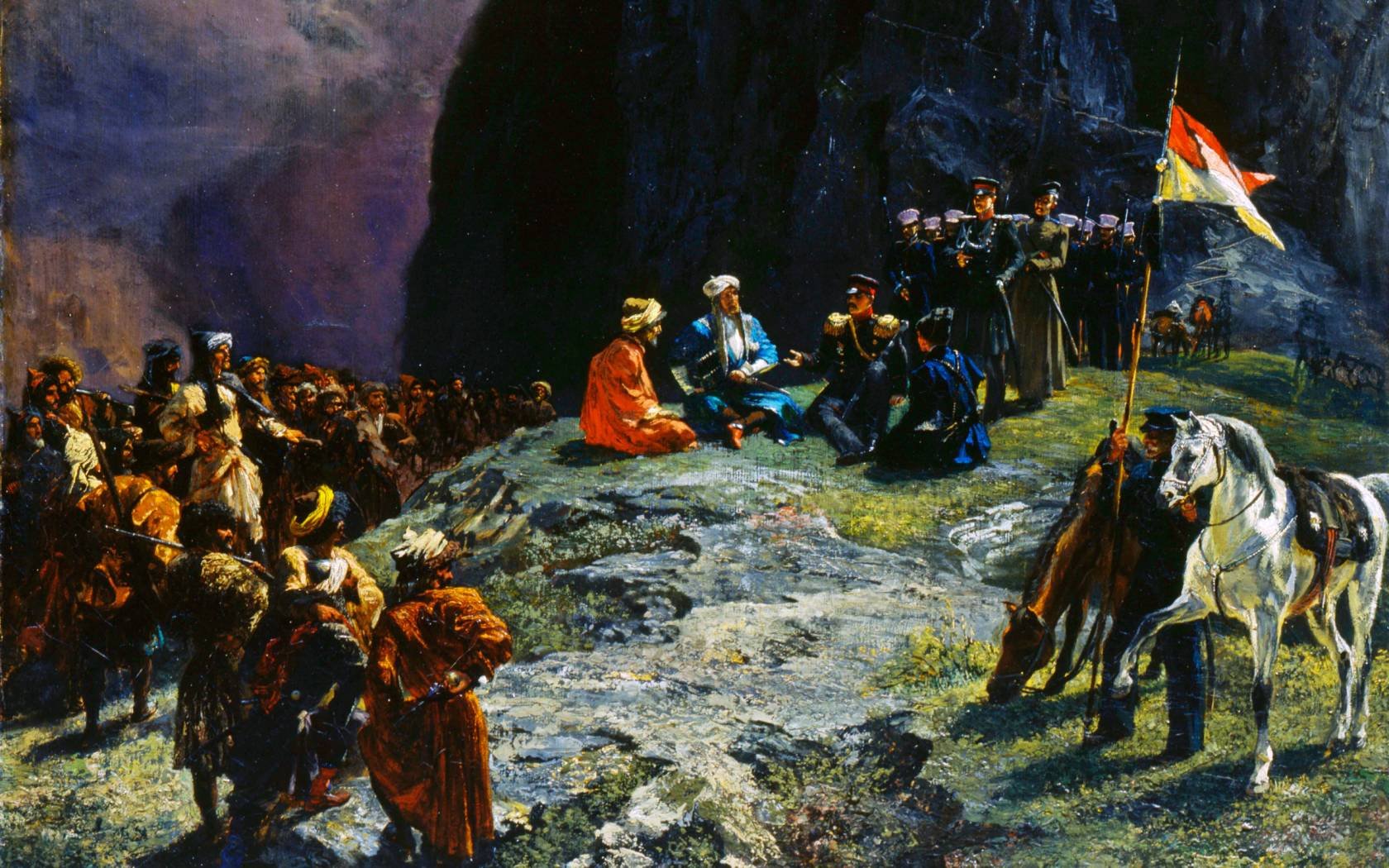 'The Meeting of General Klüke von Klügenau and Imam Shamil in 1837', 1849. The artist was Grigory Gagarin.
