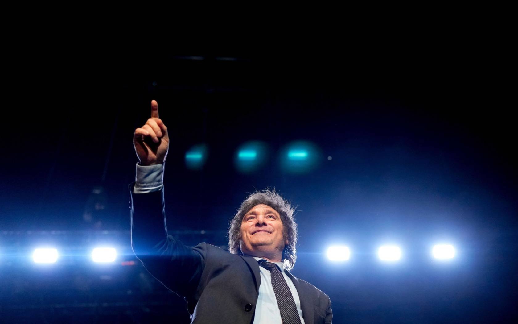 Javier Milei smiles at supporters during a campaign rally in Buenos Aires, Argentina.