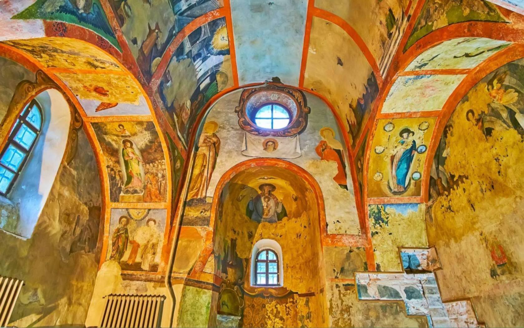 The colourful frescoed vault in small crypt of St Sophia Cathedral in Kyiv.