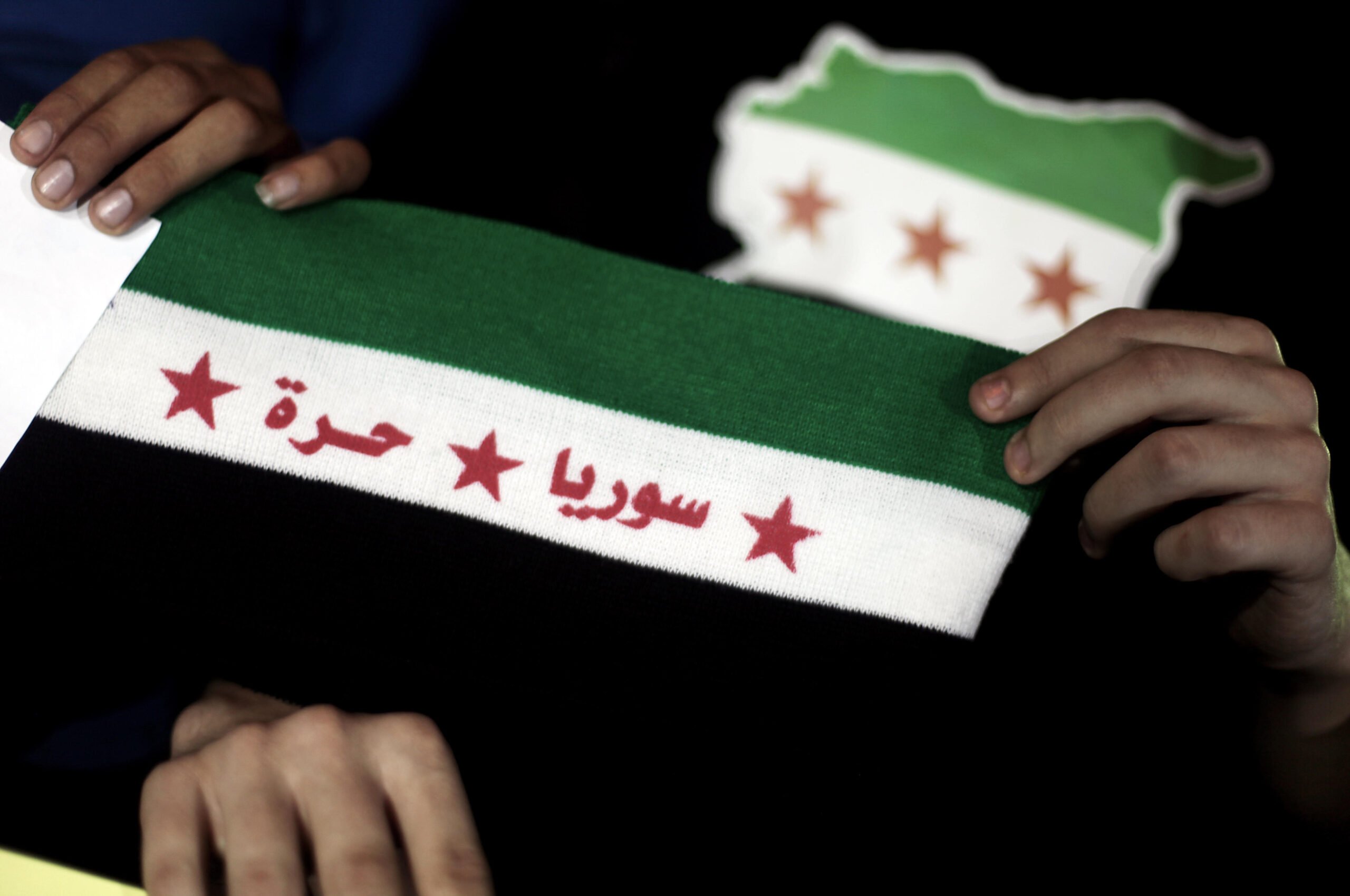 A young woman holds the flag of the Syrian Revolution with the words 'free Syria' on it in Arabic.