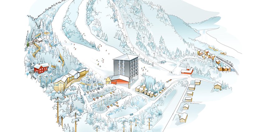 Nära Sydbacken i Järvsö ska de nya hotellägenheterna byggas. Lägenheterna har ännu inte hunnit ritas in, men de ska byggas snett ner till höger från det höga Bergshotellet, på den gröna ytan där det syns en U-formad stig. 