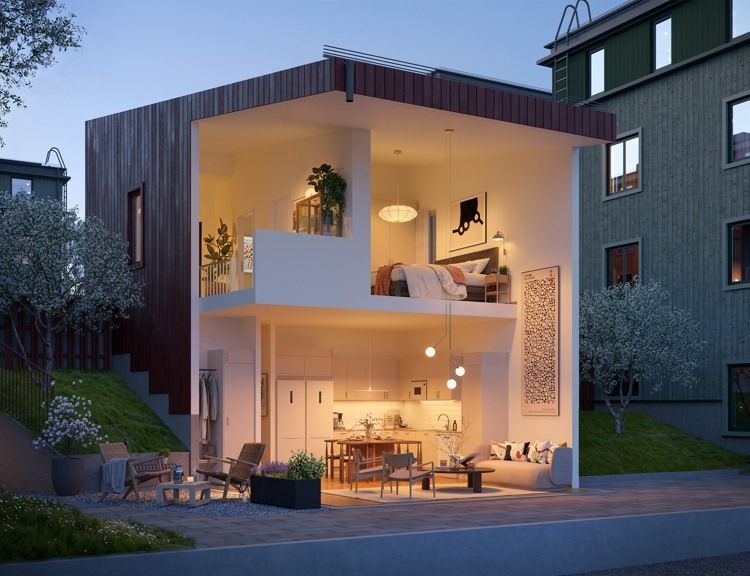 En hyresrätt i ett eget hus med många fönster och en balkong. Hebas studiohus i Smedjan i Källberga.