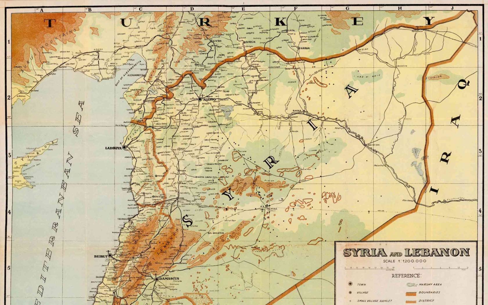 A map of Syria and Lebanon from the 1930s.
