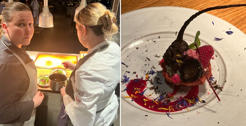 TakeOver-kockarna Frida Nilsson, Head Chef inom ESS Group, och Agnes Fällman, kökschef på Sparrow. Till höger Lisa Lönners tartlette på öl-drav från Omaka, med kittost och kolbakad rödbeta. Foto: TakeOver
