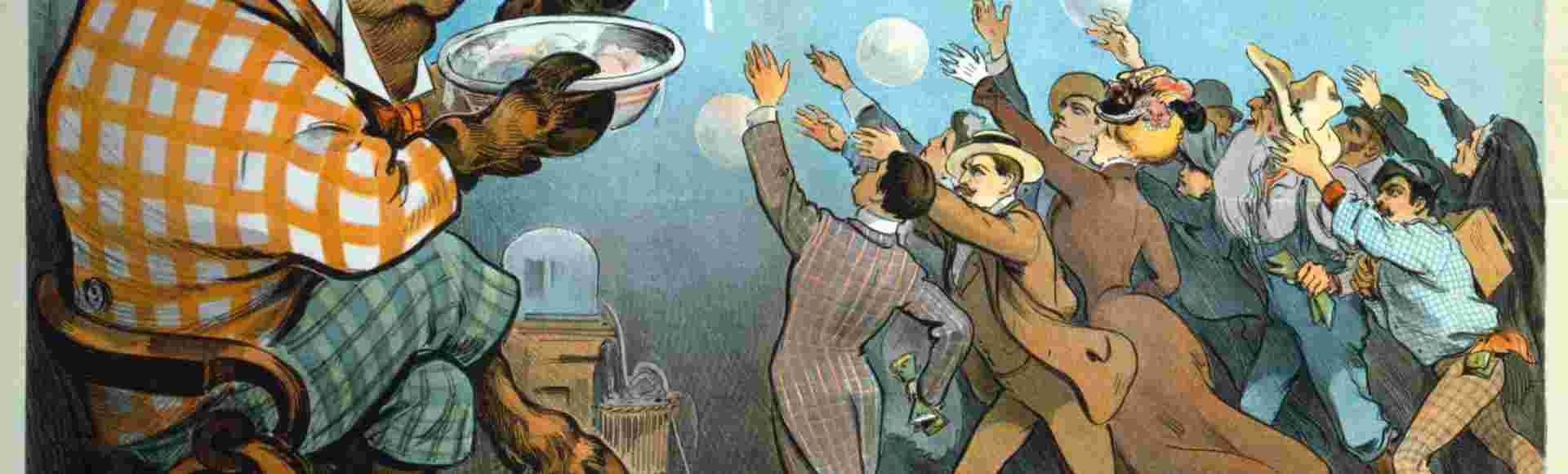 Wall Street bubbles; Always the same. A Puck magazine caricature from 1901 shows John Pierpont Morgan as a bull blowing bubbles labelled 'Inflated Values'.