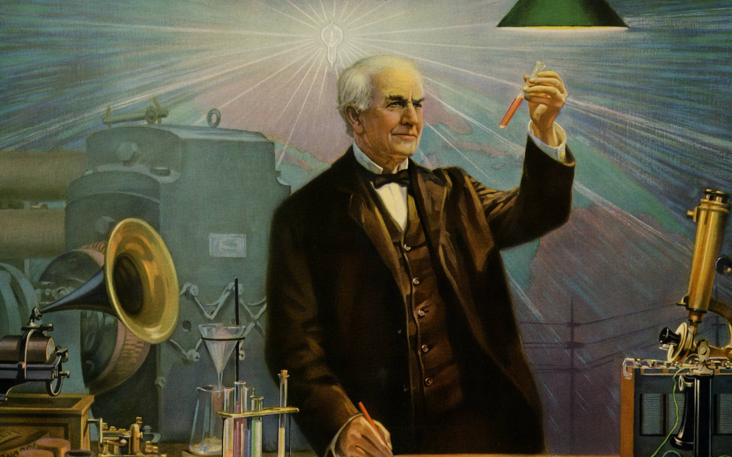 The great American inventor Thomas Edison is surrounded by his creations
