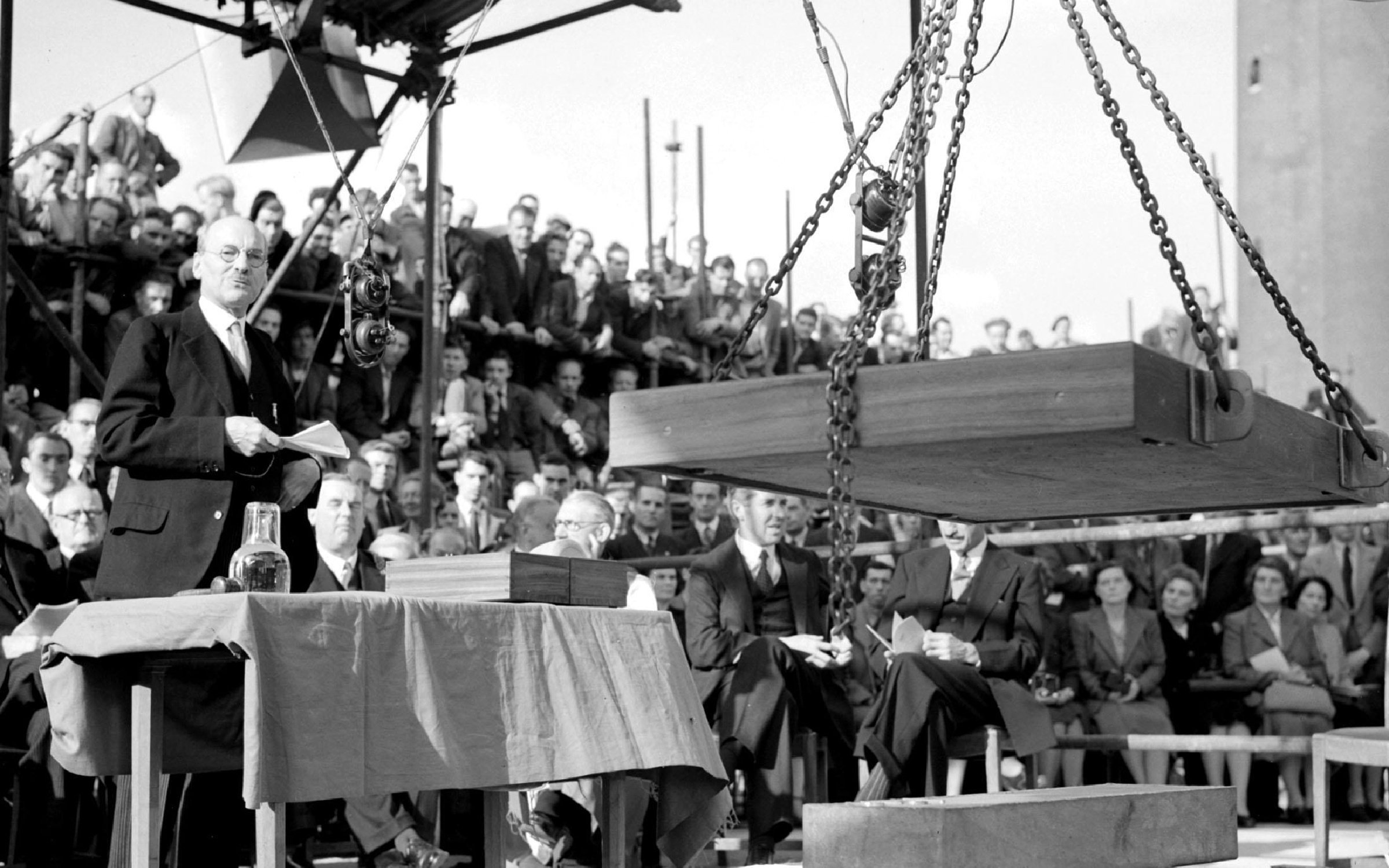 Clement Attlee, laying the foundation stone of the Royal Festival Hall in London.