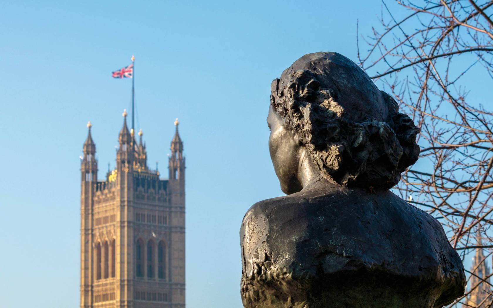 The bust of the British-French Special Operations Executive (SOE) spy Violette Szabo on top of the SOE memorial in London, United Kingdom.