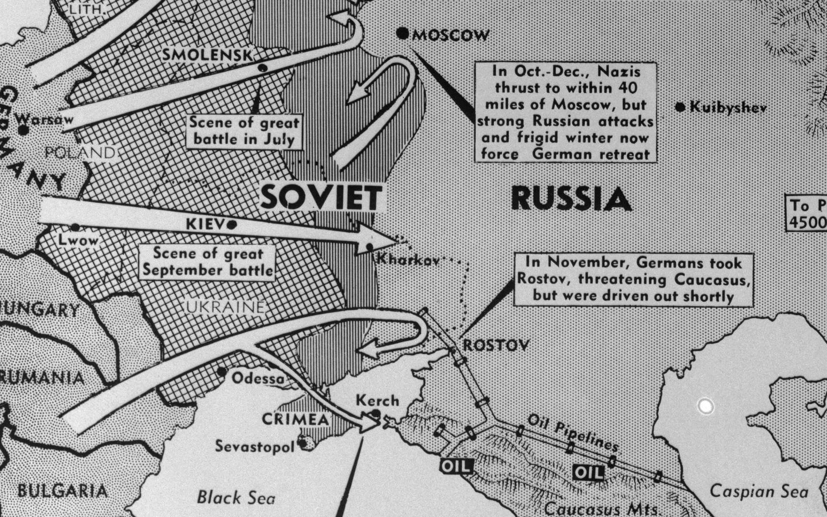 This map of Russia and surrounding countries highlights Hitler's campaign in Russia and how it went wrong.