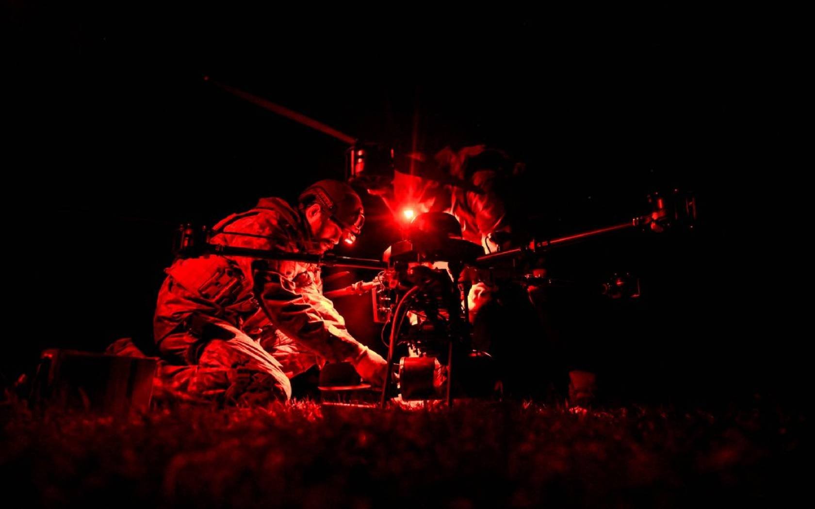 Soldiers of an unmanned aerial platoon of the 113th Battalion of Ukraine’s 110th Territorial Defence Brigade launch a Vampire heavy bomber drone in Zaporizhzhia.