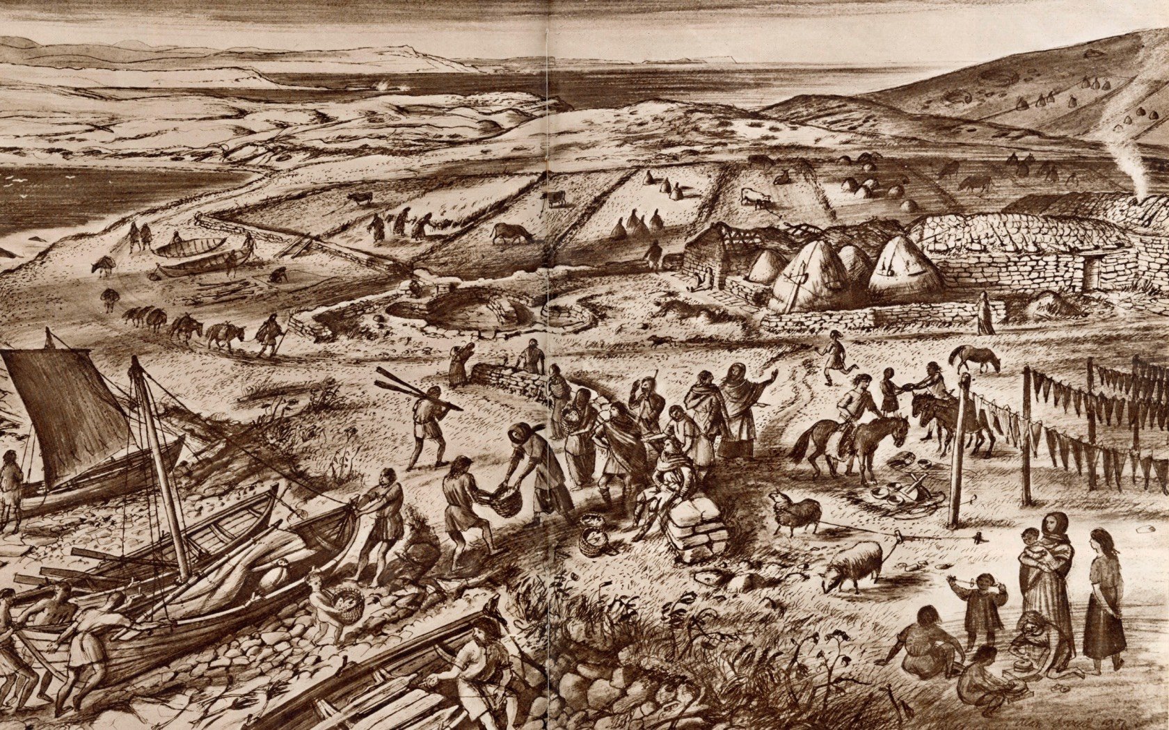 Alan Sorrell's reconstruction of the everyday life and activities of Vikings in the Jarlshof Settlement. Credit: Chronicle