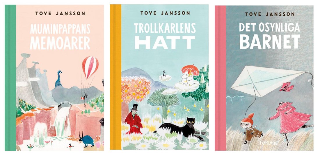 Några av Tove Janssons älskade muminböcker som kom ut första gången 1968, 1948 och 1962. (Bild: Förlaget M)