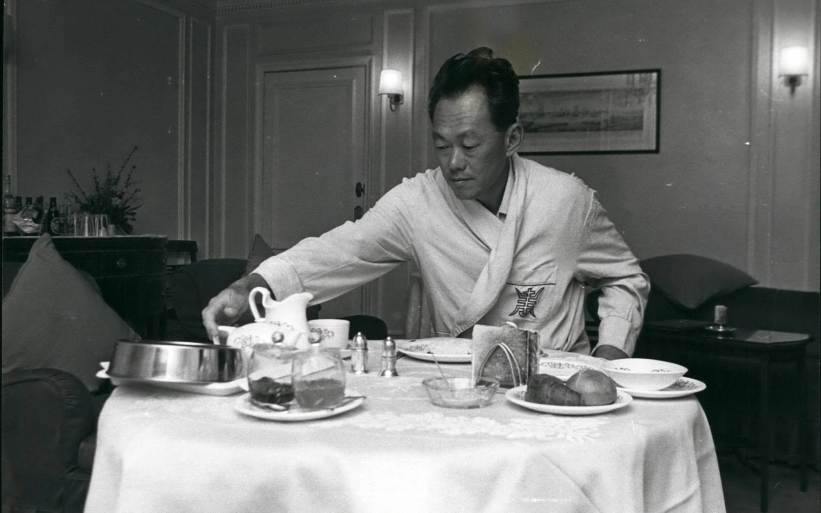 Lee Kuan Yew takes breakfast on a state visit to London, 1968.