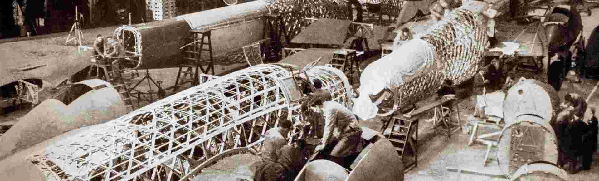 The production line of the Vickers-Armstrong Wellington, a twin-engined, long-range medium bomber.