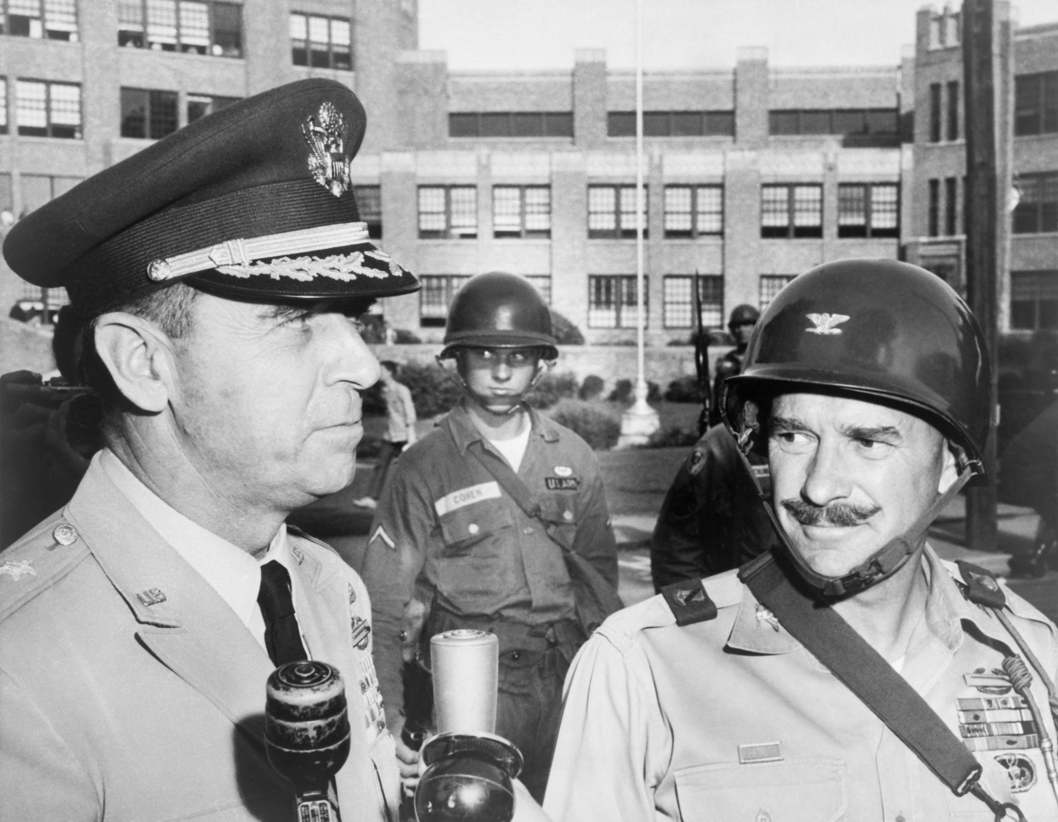 General Edwin Walker (left) with Col. William Kuhn outside Central High School, Little Rock. Sept. 25, 1957.