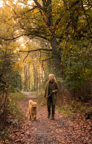 Kvinna på promenad med hunden vid Hebas bostäder i Västertorp