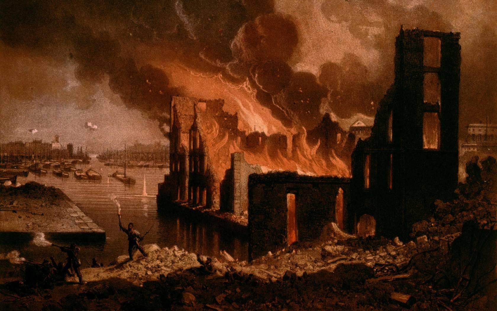 The docks at La Villette ablaze on 27 May 1871, during the final days of the Paris Commune. Anonymous, 19th century. Musée Carnavalet, Paris.