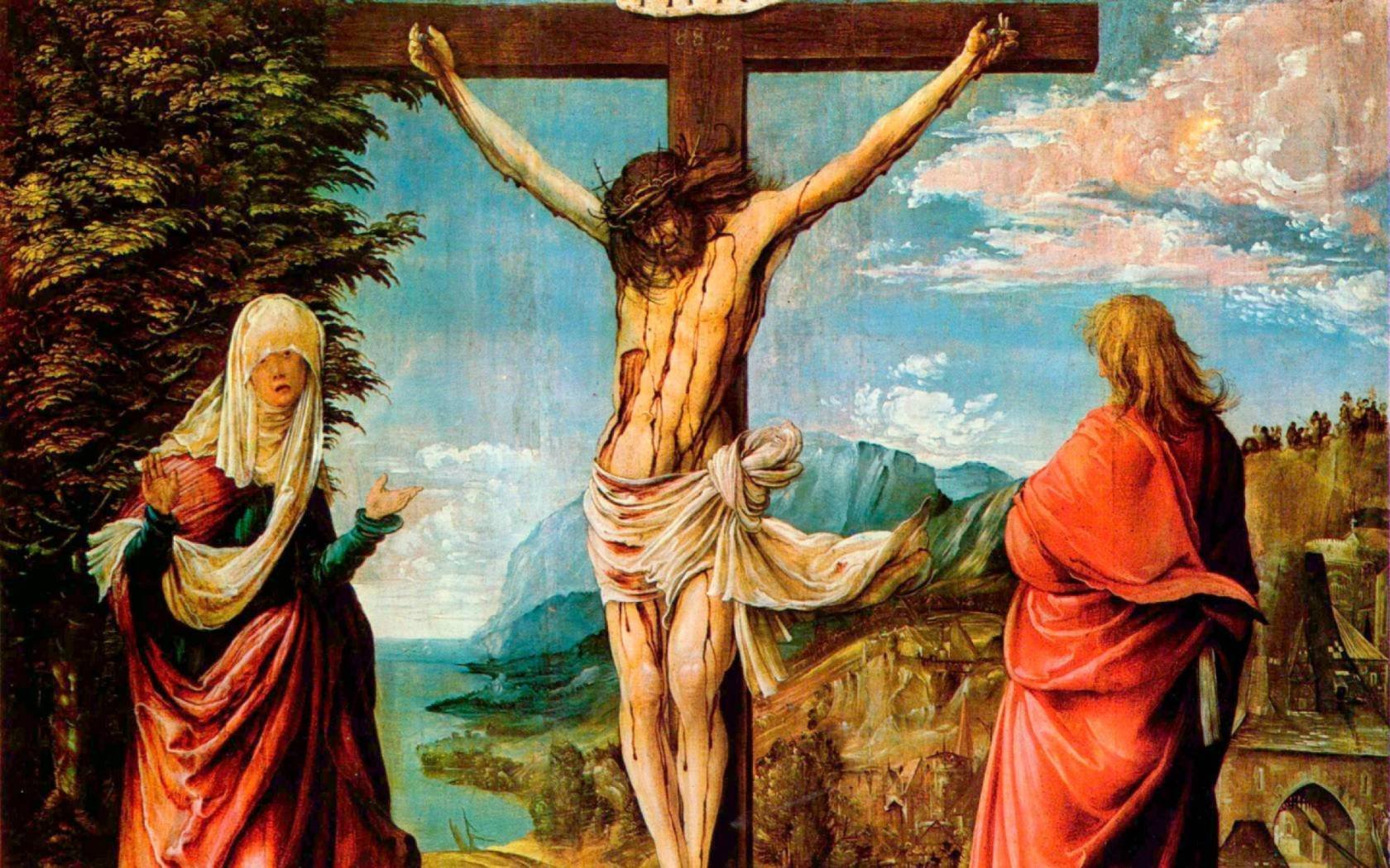 Jesus Christ on the Cross with St. Mary and St John, painted by Albrecht Altdorfer, circa 1512.