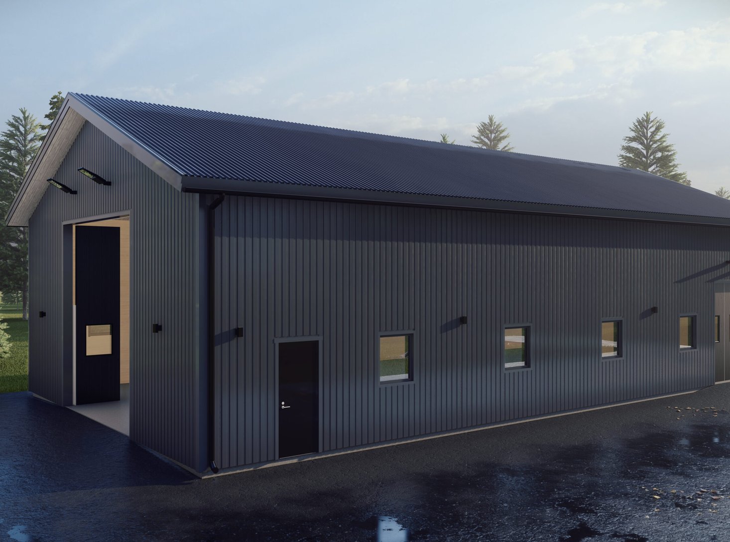 Maskinhall med plåtfasad