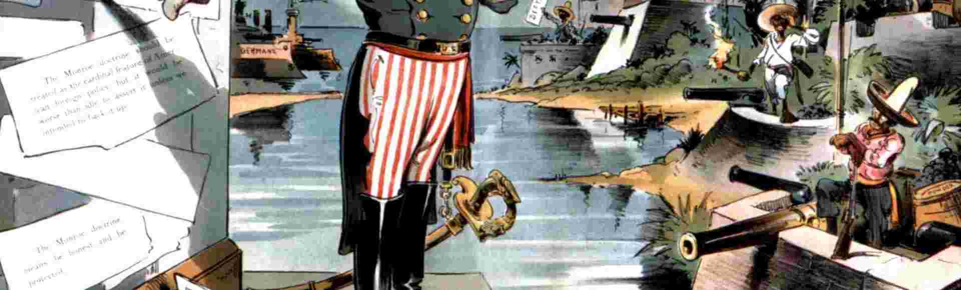 A satirical cartoon lampooning the expansion of the Monroe Doctrine.