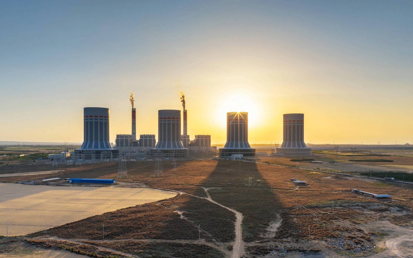 Aerial sunset view of a coal-fired power plant in Ordos, China.