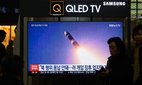 Yongsan Railway Station in Seoul showing a news broadcast of a test launch of new intercontinental ballistic missile (ICBM) 'Hwasong-19' at an undisclosed place in North Korea.