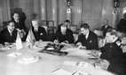 A photograph of Cordell Hull, US Secretary of State, Vyacheslav Molotov, Soviet Foreign Commissar, and Anthony Eden, British Foreign Secretary, at the Third Moscow Conference in 1943.