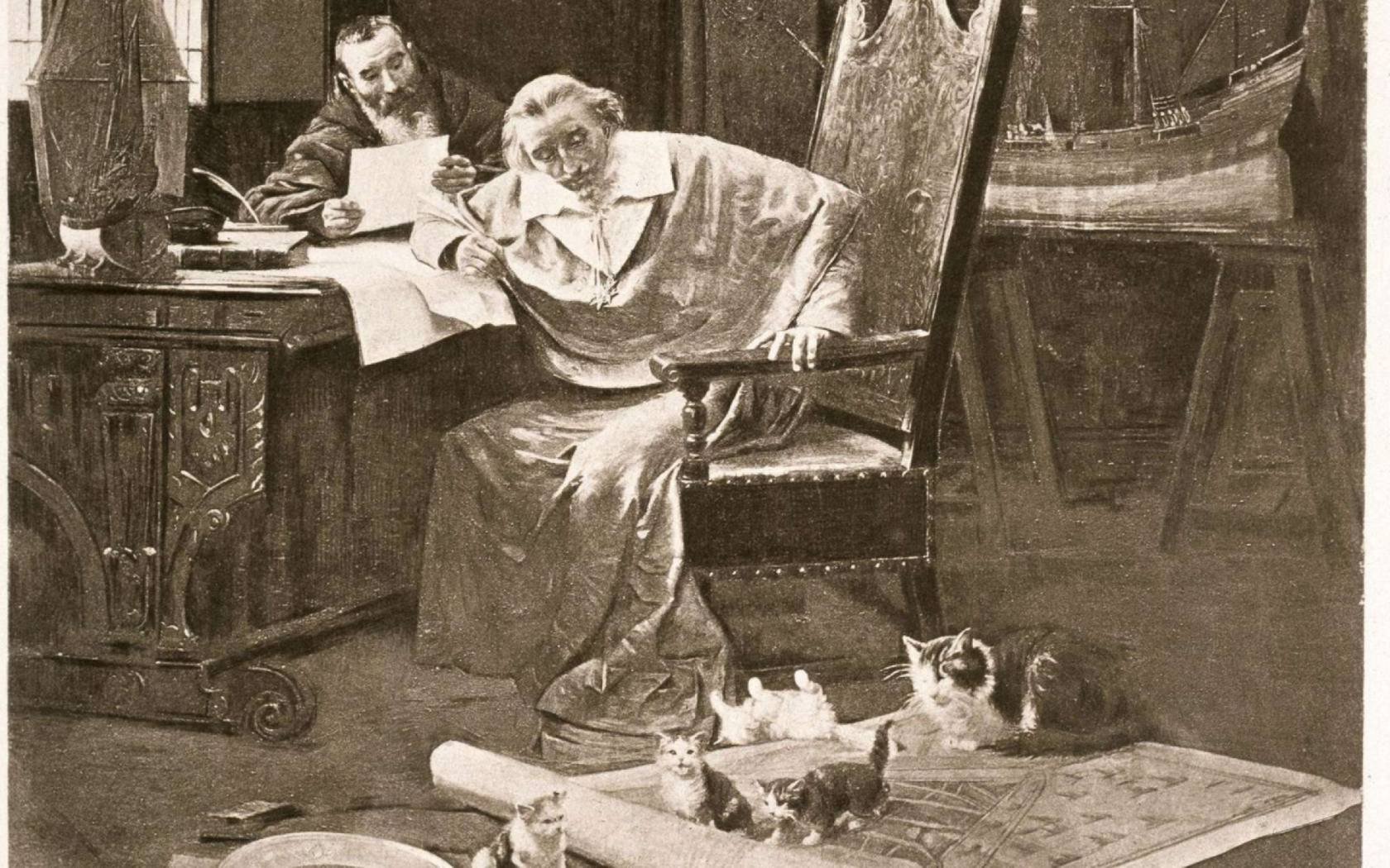 Cardinal Richelieu with his cats, illustration c.1868.