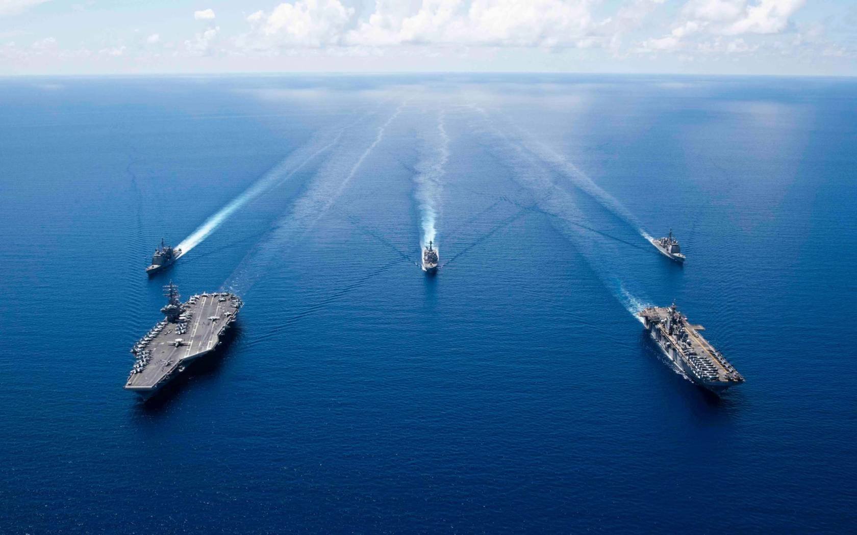 US aircraft carriers and assault ships conducting patrols in the South China Sea, October 2019.