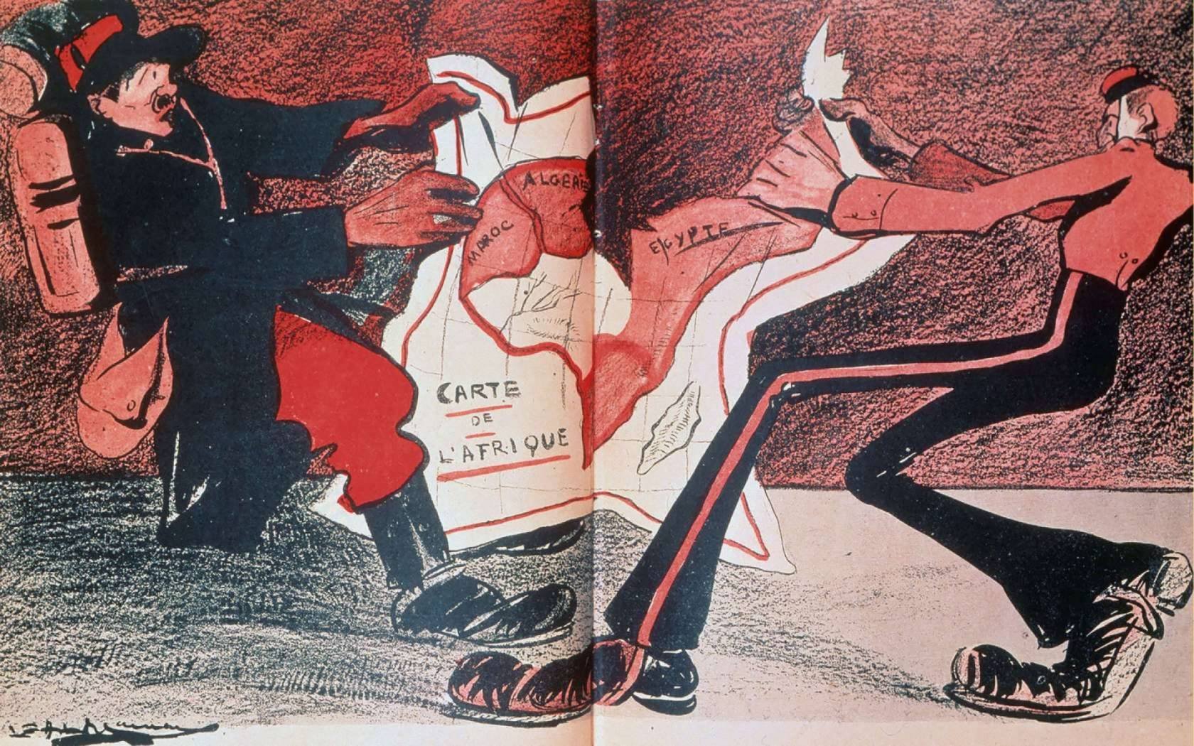 Caricature about the dispute over Africa between the English and French colonial powers. Colour engraving from the French magazine "L'Assiette au beurre", 1904. Paris.