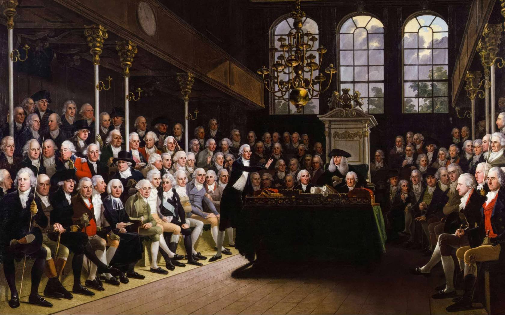 William Pitt the Younger and the British House of Commons in c. 1793-1794. Oil on canvas by Anton Hickel