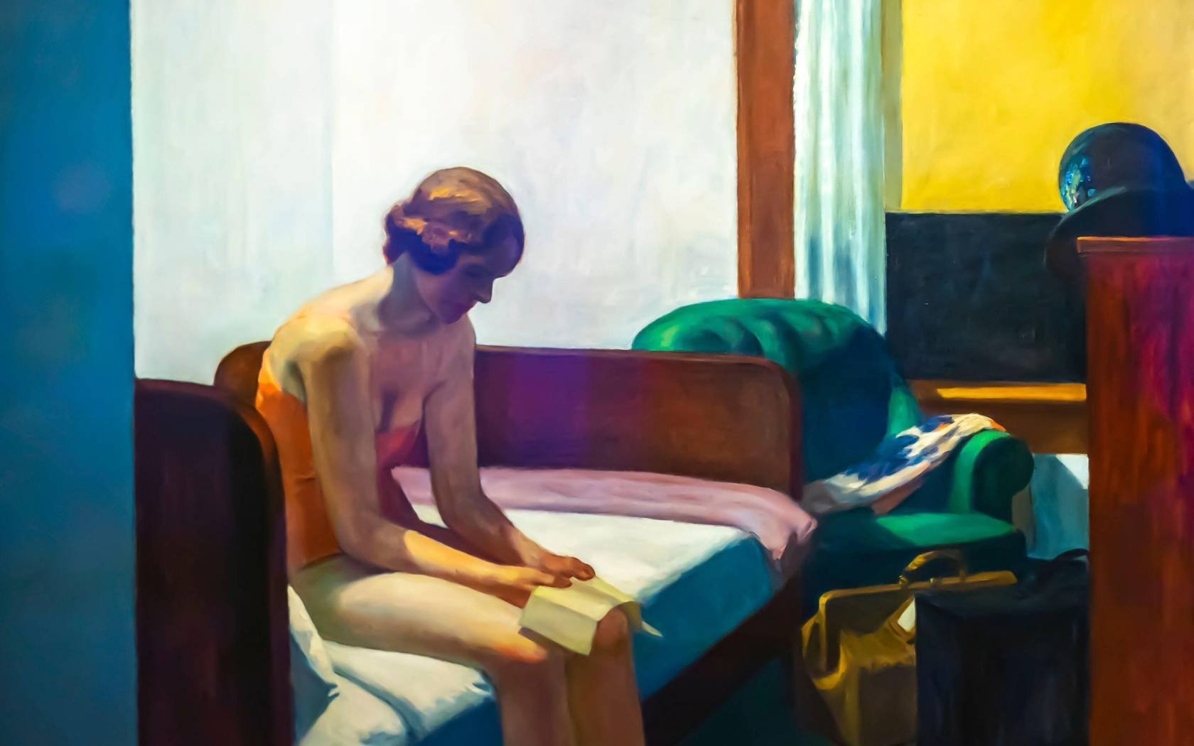 oil painting of woman sat down on bed reading looking lonely