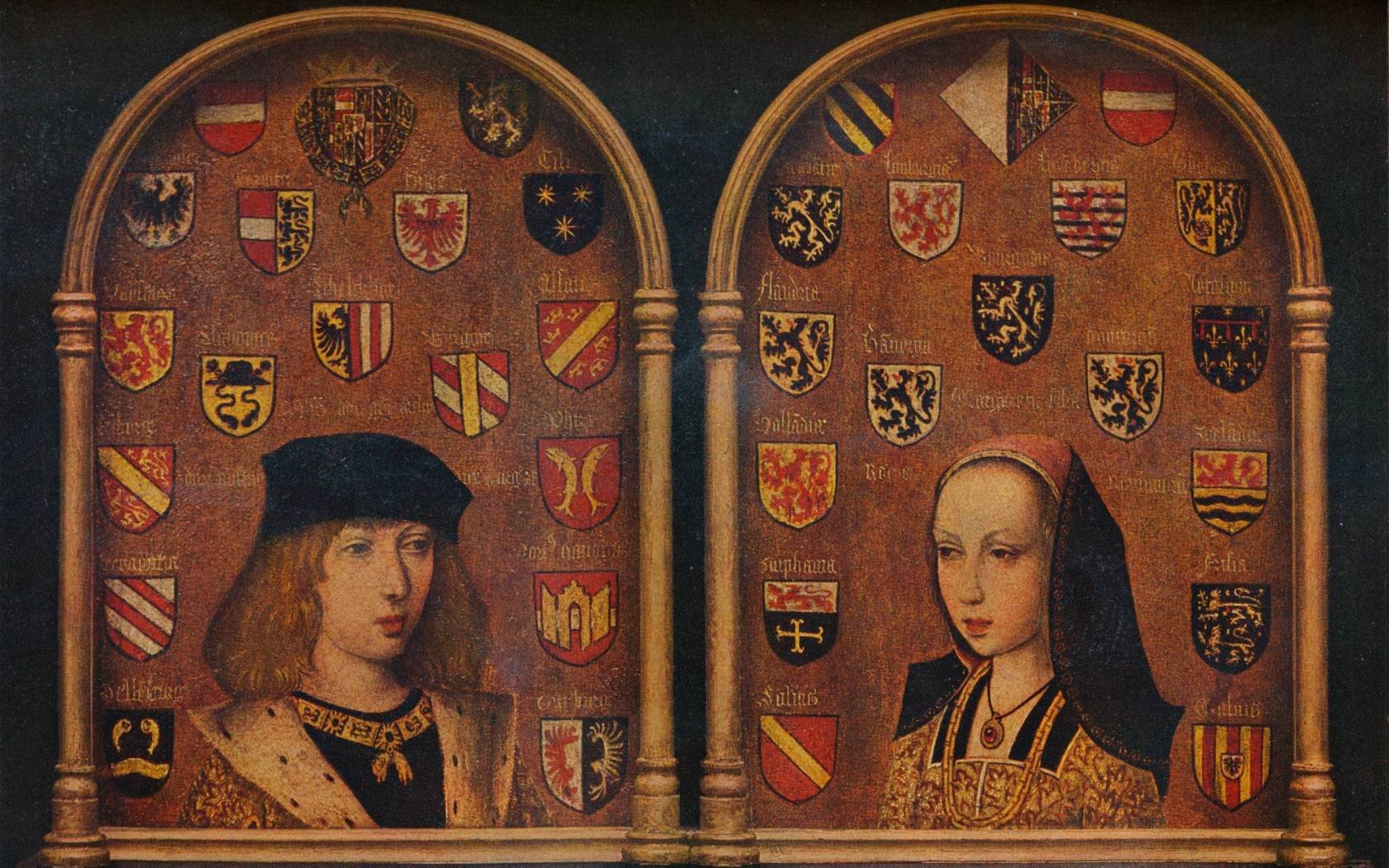 'Diptych: Philip the Handsome and Margaret of Austria', c1493. Philip the Handsome (1478-1506) became Philip I of Castile. Margaret of Austria (1480-1530) became Regent of the Netherlands. Painting housed at The National Gallery, London.
