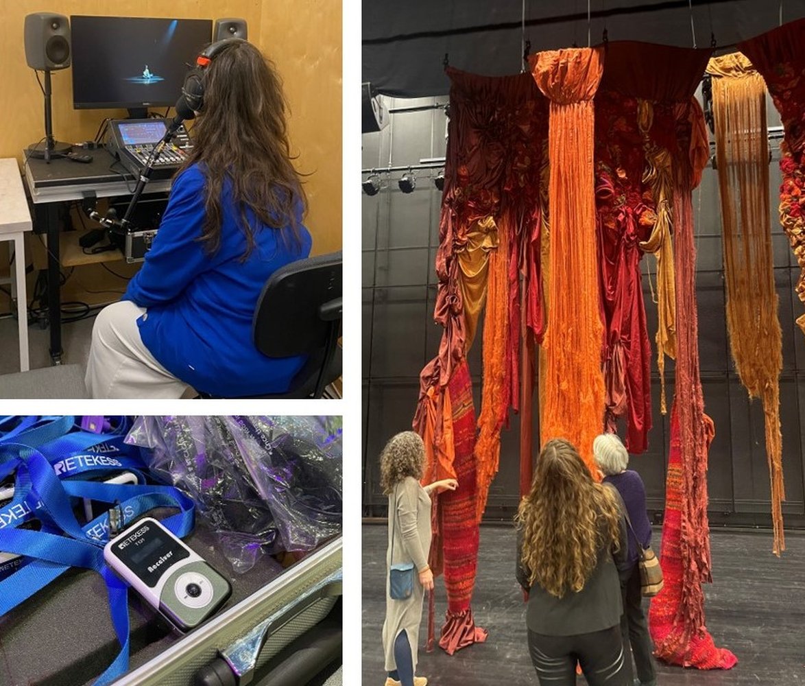 Collage med tre scener: en person sitter vid en dator med hörlurar och arbetar med ljud eller syntolkning; närbild av teknisk utrustning med hörslinga/lyssningsenheter; samt tre personer som betraktar en sceninstallation med hängande tyg i varma färger.