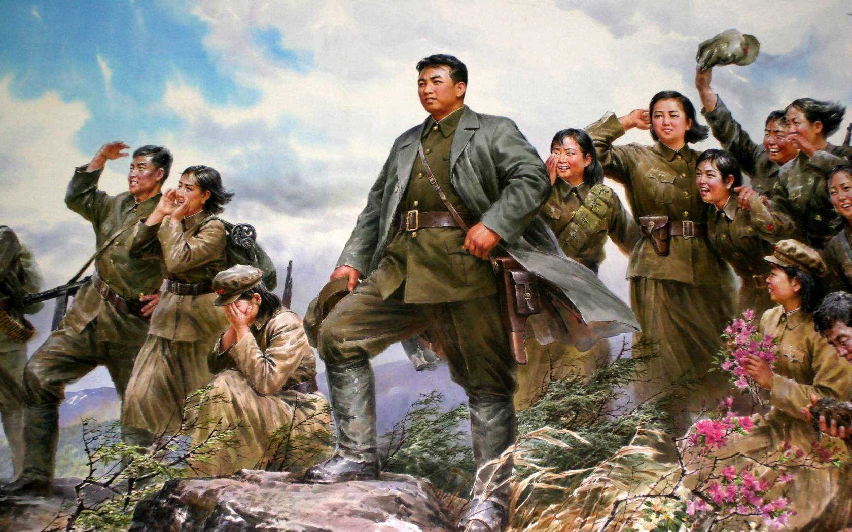 A North Korean propaganda painting depicts North Korean dictator Kim Il Sung liberating his country during the Korean War