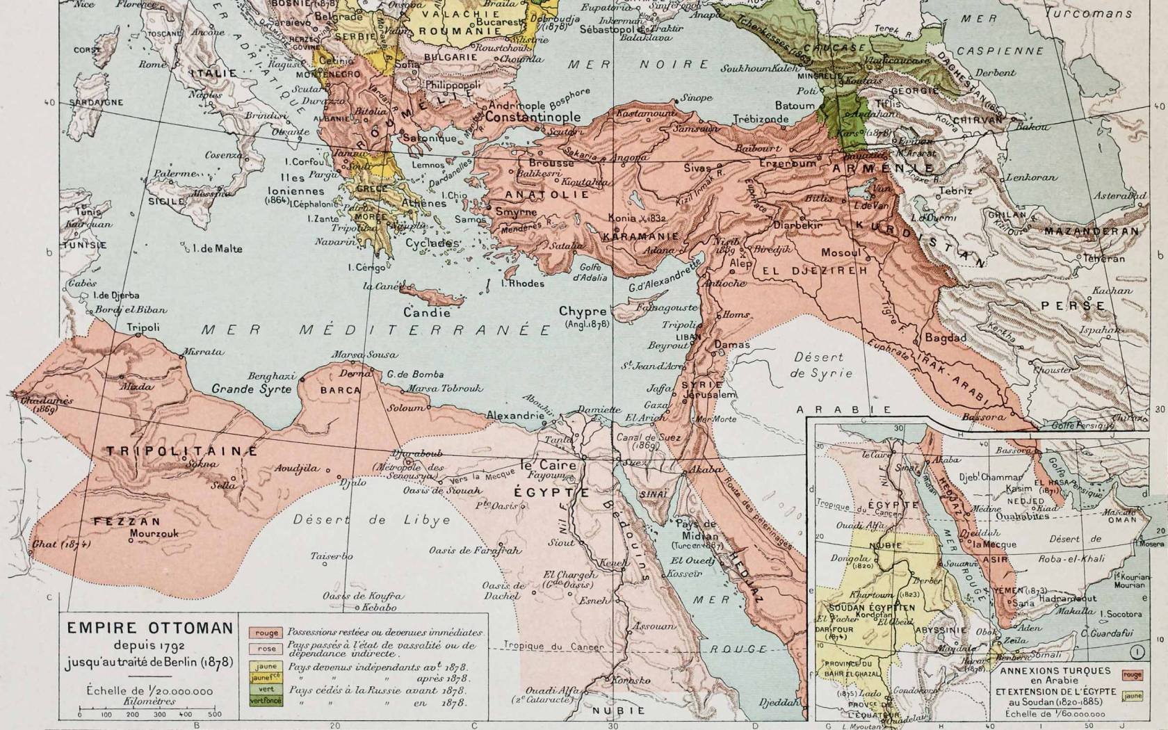 Map showing the evolution of the Ottoman Empire between 1792 and 1878. By Paul Vidal de Lablache, Atlas Classique, Librerie Colin, Paris, 1894.