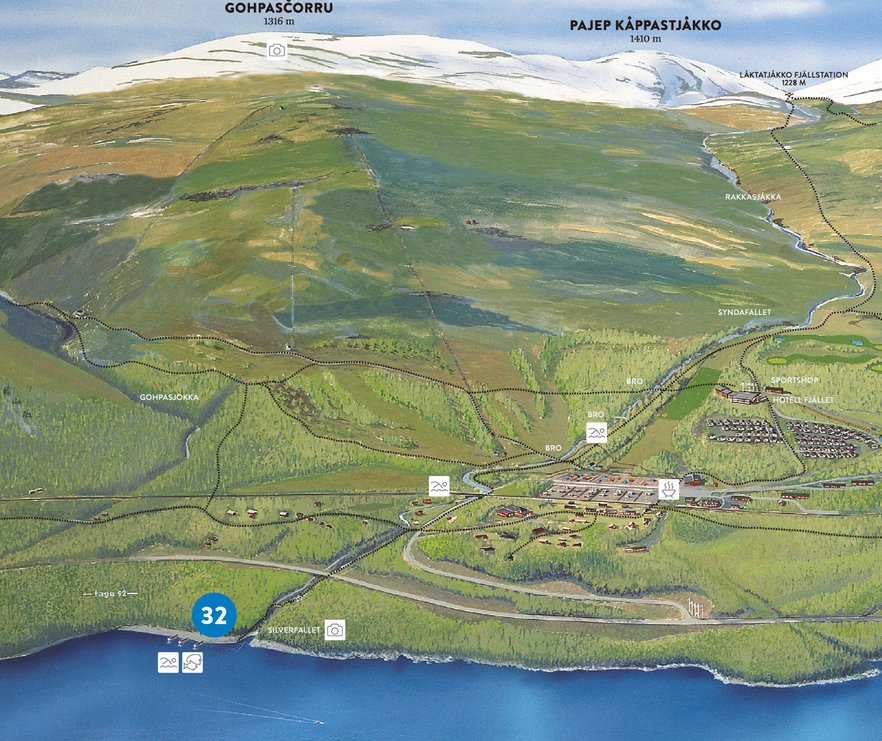 stenstranden vid Tornetr&auml;sk och Silverfallet utmarkerad p&aring; en illustrerad karta &ouml;ver Bj&ouml;rkliden