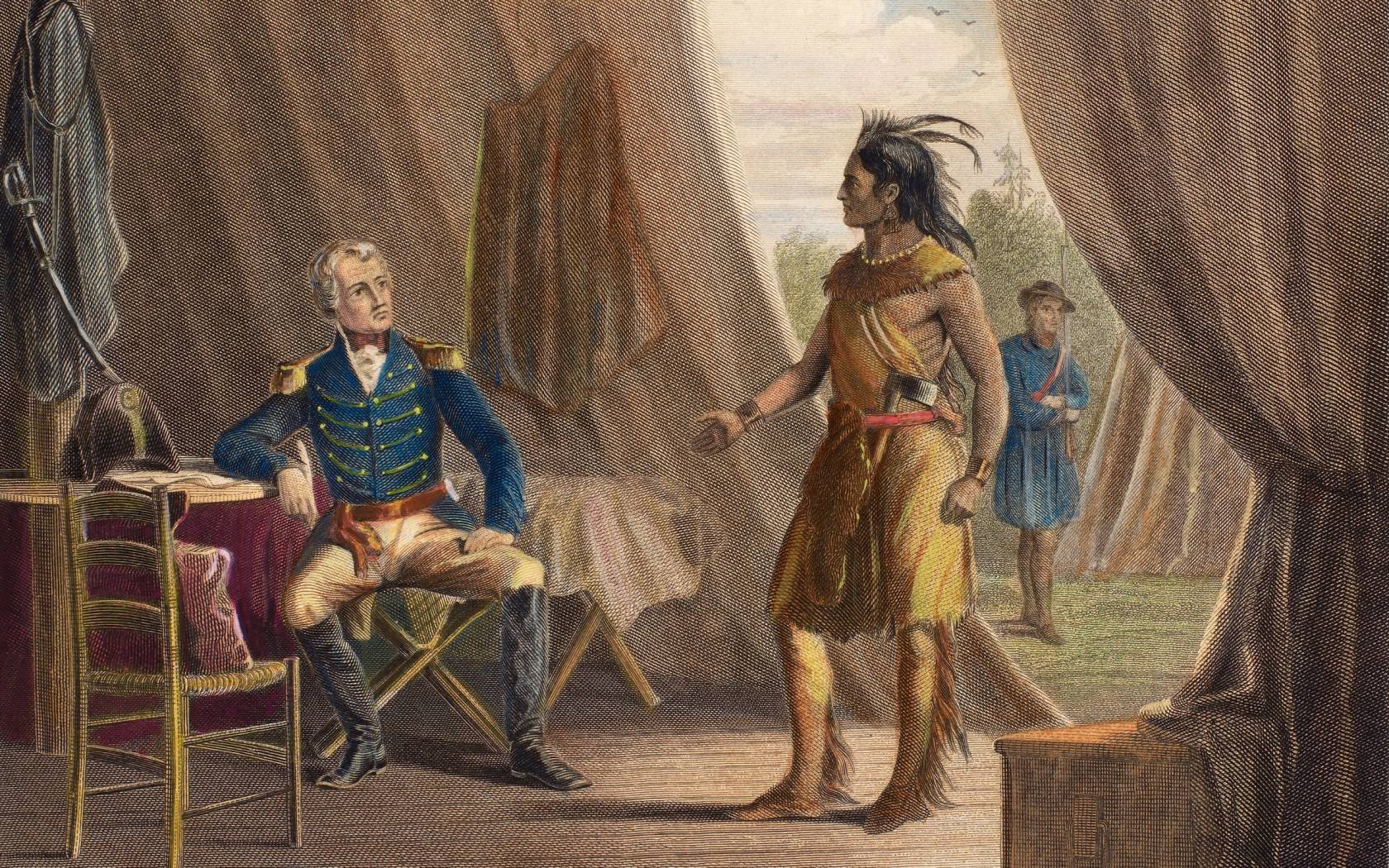 General Andrew Jackson taking the surrender of Chief William Weatherford after the defeat of the Creek Native Americans at the Battle of Horseshoe Bend, Alabama, 27 March 1814. Color engraving, 19th century.