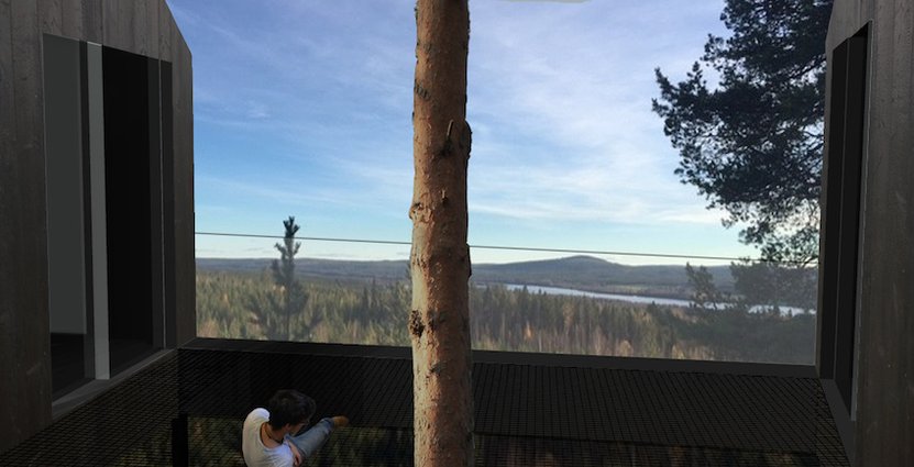 Det sjunde rummet får en uteterrass med golv gjort av nät. 