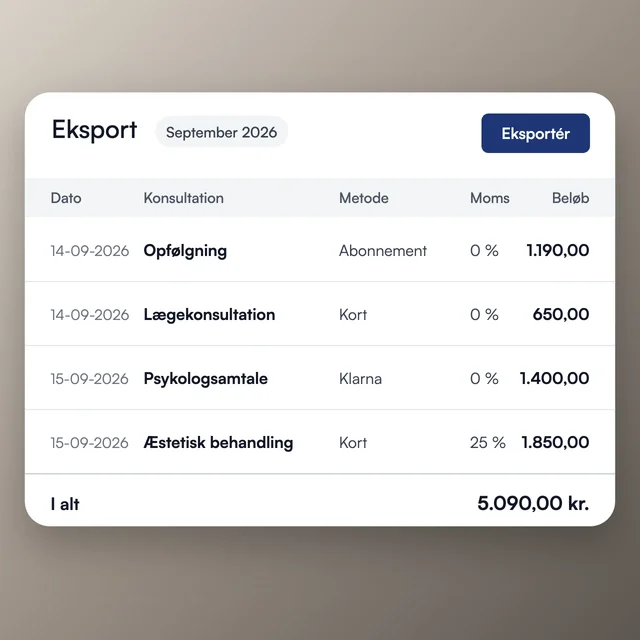 Eksport af betalinger pr. periode med dato, konsultation, betalingsmetode, moms og beløb