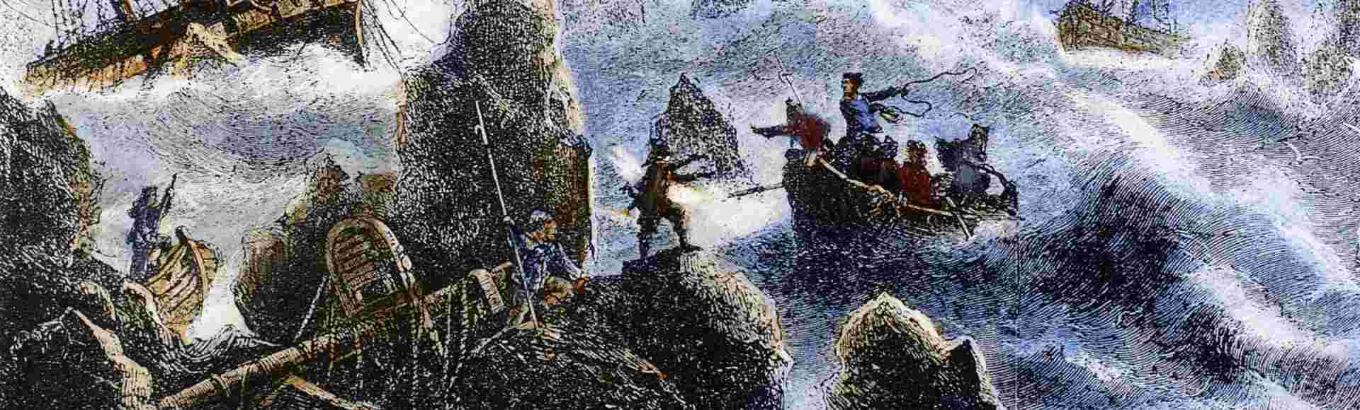 The shipwreck of Bering's ship and his crew off the Kamchatka peninsula in 1741.