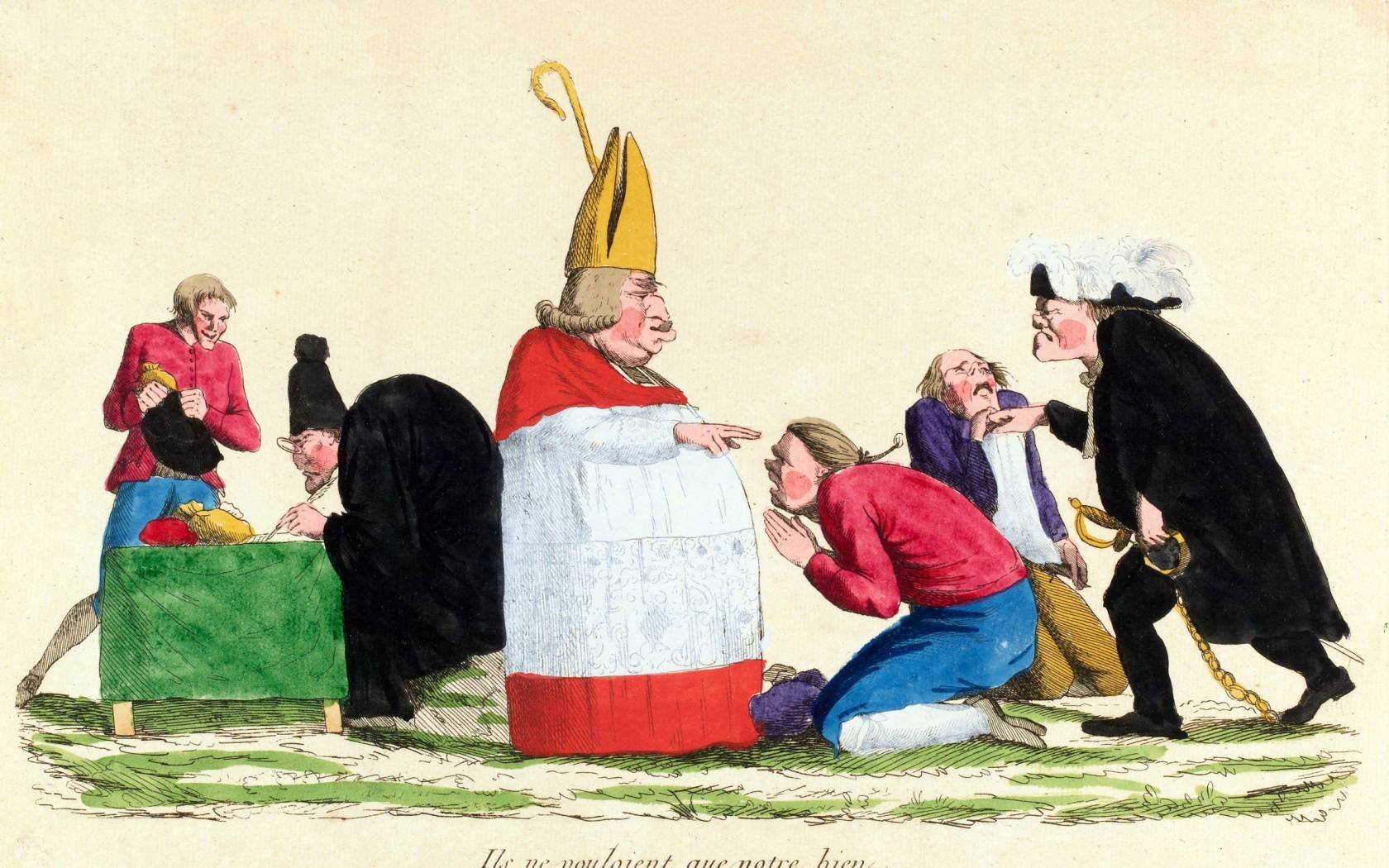 Hand-coloured 18th-century etching of a French peasant being blessed by a bishop, pushed down by a nobleman and paying tax to a clerk.