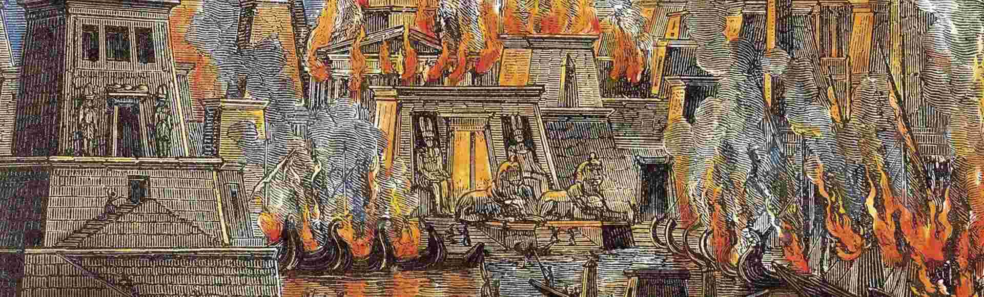 A Victorian print of the burning of the Library of Alexandria.